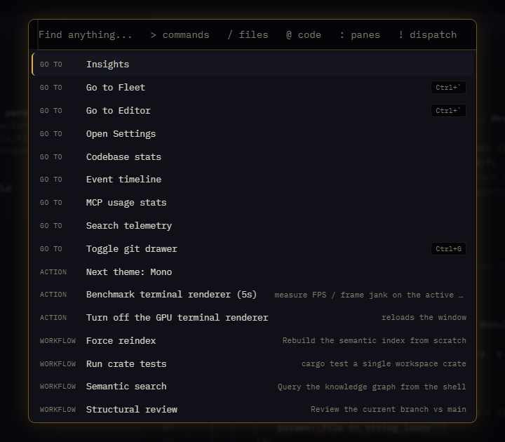 The DMN omnibox open over the workspace, listing commands, workflows and panes. Sample data.