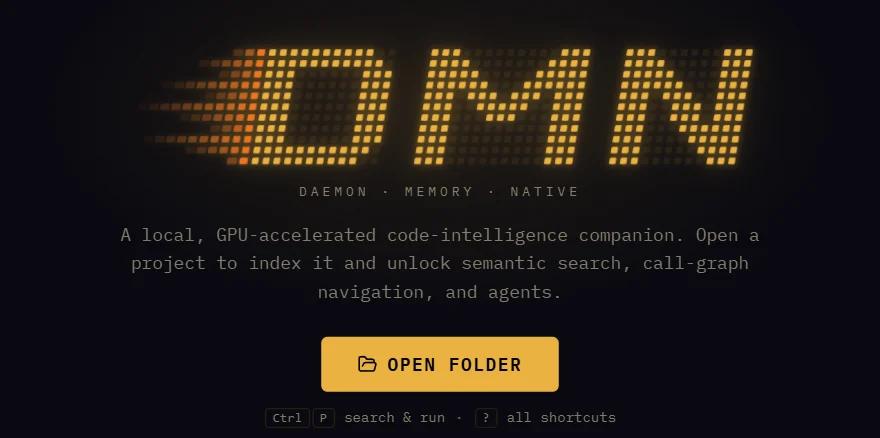 DMN's welcome screen: the LED wordmark, the line Daemon, Memory, Native, and an Open folder button.