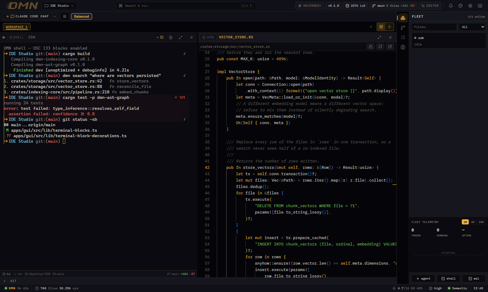 The DMN workspace with sample data: a terminal showing dmn search results beside a code pane opened at the matching line, with the agent fleet on the right.